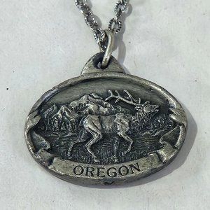 Vintage 1984 Siskiyou Buckle Co.  25" Oregon Necklace Elk Pewter Silver Tone